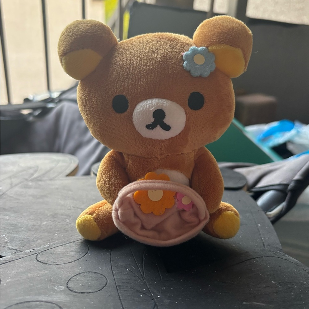 Adorable Brown Plush Bear Toy with Flowers